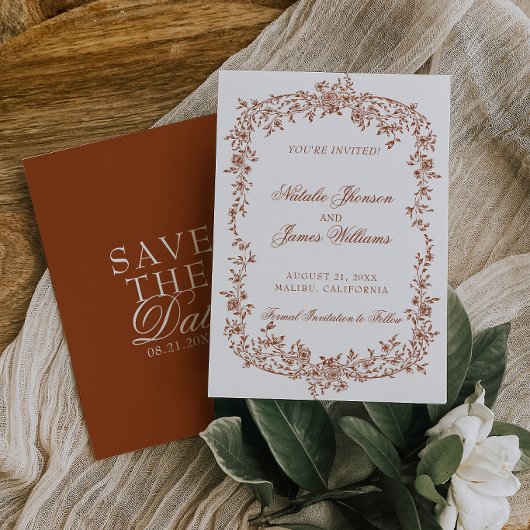 Boho Burnt Orange Rust Floral Botanical Wedding セーブザデート