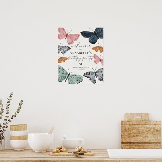 Boho Butterfly Enchanted Birthday Party Welcome ポスター (キッチン)