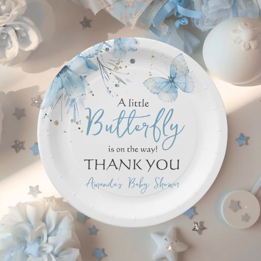 Boho Butterfly Floral Blue Boy Baby Shower ペーパープレート