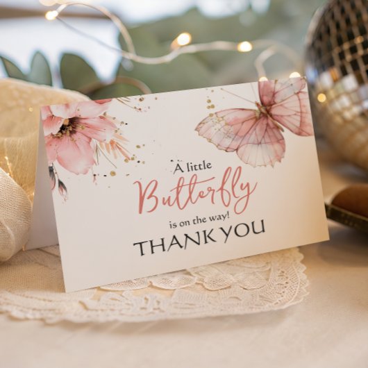 Boho Butterfly Wild Floral Pink Girl Baby Shower サンキューカード