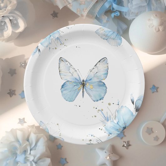 Boho Butterfly Wildflower Floral Blue Baby Shower ペーパープレート