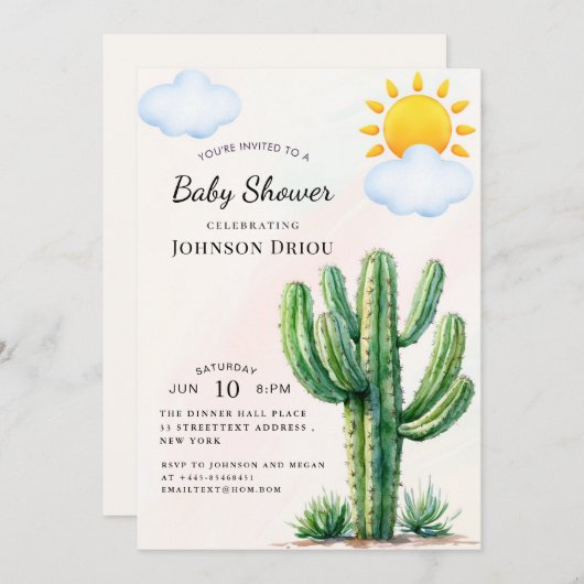 Boho Cactus Baby Shower 招待状 (正面/裏面)