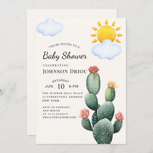 Boho Cactus Baby Shower 招待状 (正面/裏面)