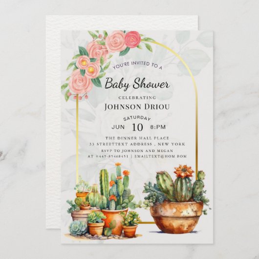 Boho Cactus Baby Shower 招待状 (正面/裏面)