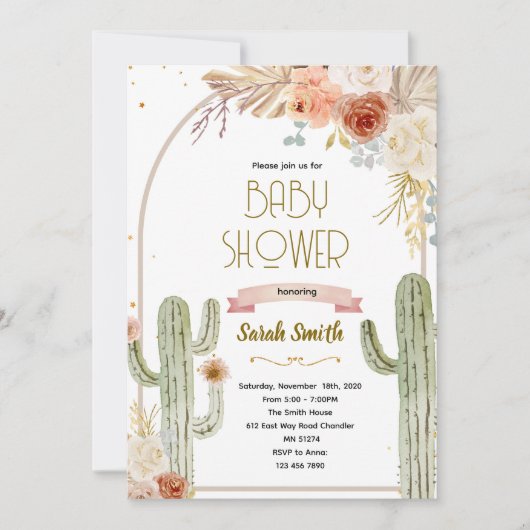 Boho cactus baby shower Invitation 招待状 (正面)