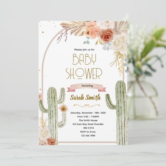 Boho cactus baby shower Invitation 招待状 (スタンド正面)