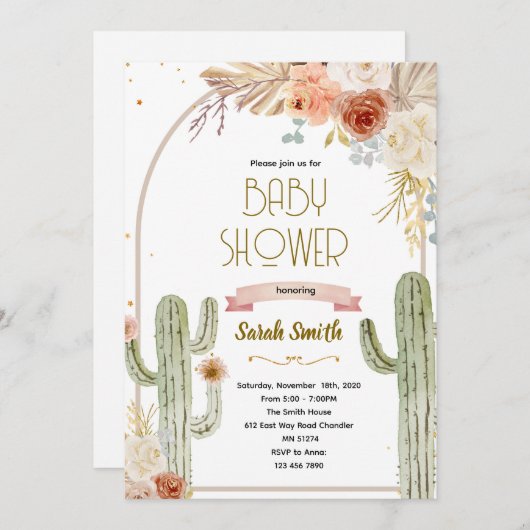 Boho cactus baby shower Invitation 招待状 (正面/裏面)