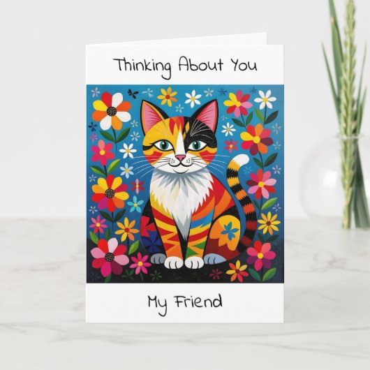 Boho Cat, Flowers & Butterfly Thinking of You カード (正面)