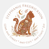 Boho Cat Lover New Home Floral Celestial Art ラウンドシール (正面)