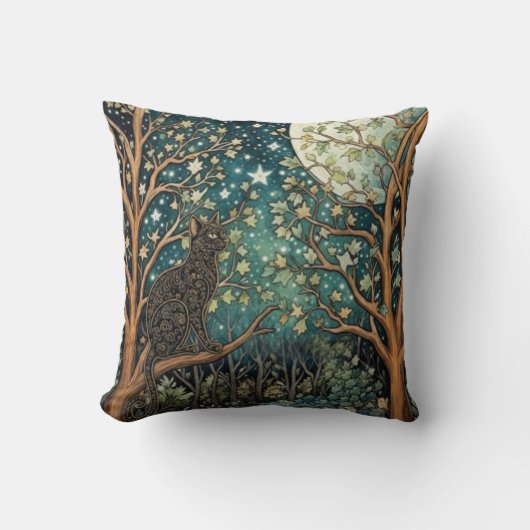Boho cat starry night sky woodland forest クッション (正面)
