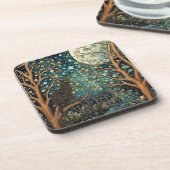 Boho cat starry night sky woodland forest コースター (左側)