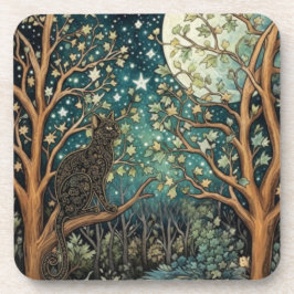 Boho cat starry night sky woodland forest コースター