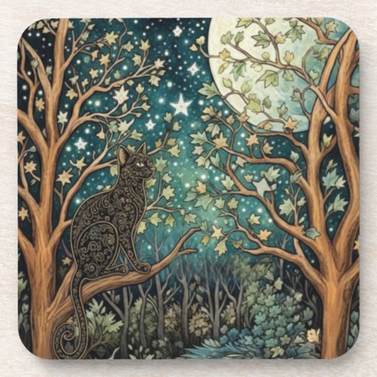 Boho cat starry night sky woodland forest コースター (正面)