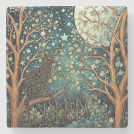 Boho cat starry night sky woodland forest ストーンコースター