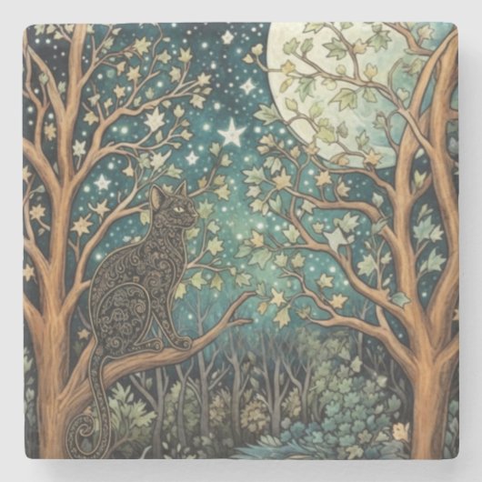 Boho cat starry night sky woodland forest ストーンコースター (正面)