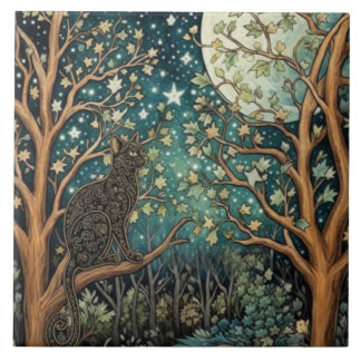 Boho cat starry night sky woodland forest タイル