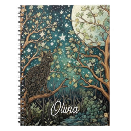 Boho cat starry night sky woodland forest ノートブック