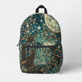 Boho cat starry night sky woodland forest プリントバックパック