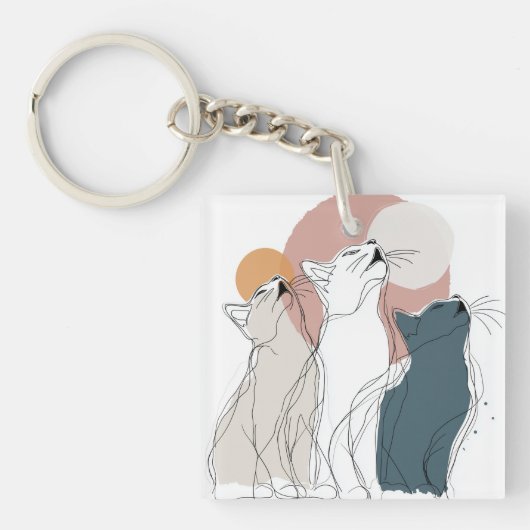 Boho Cats Howling Square Key Fob キーホルダー (正面)