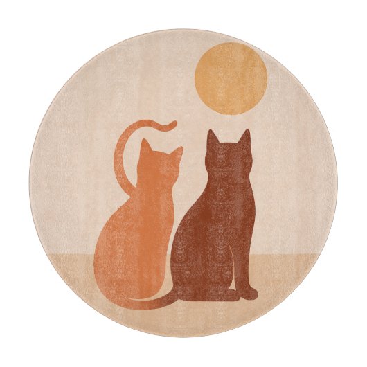 Boho Cats Sunset Desert Round Cutting Board カッティングボード (正面)