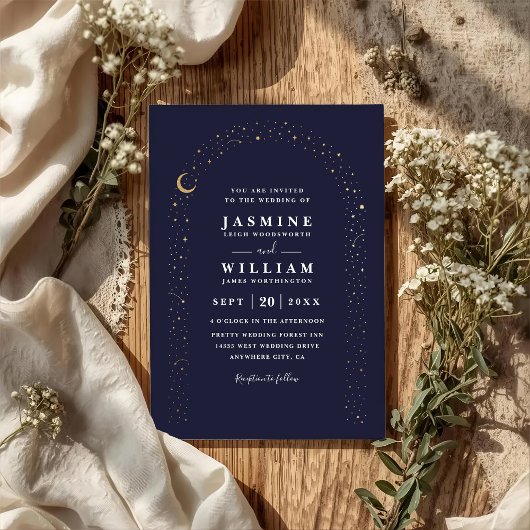 Boho Celestial Arch Moon Night QR Code Wedding 招待状