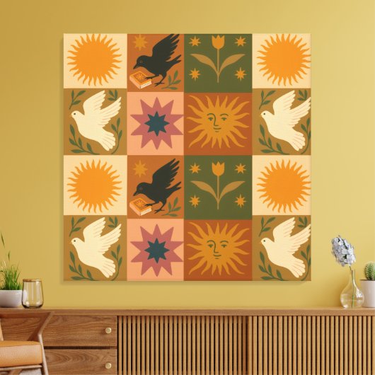 Boho Celestial | Retro Sun & Moon キャンバスプリント (インサイチュ (リビング))