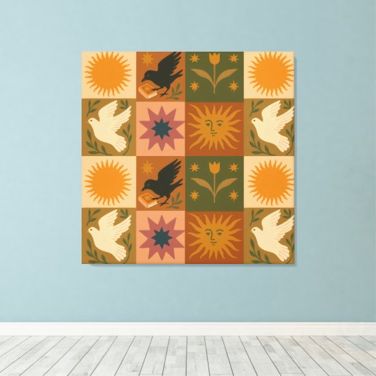 Boho Celestial | Retro Sun & Moon キャンバスプリント (インサイチュ (ウッドフロア))