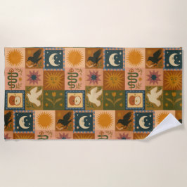 Boho Celestial | Retro Sun & Moon ビーチタオル