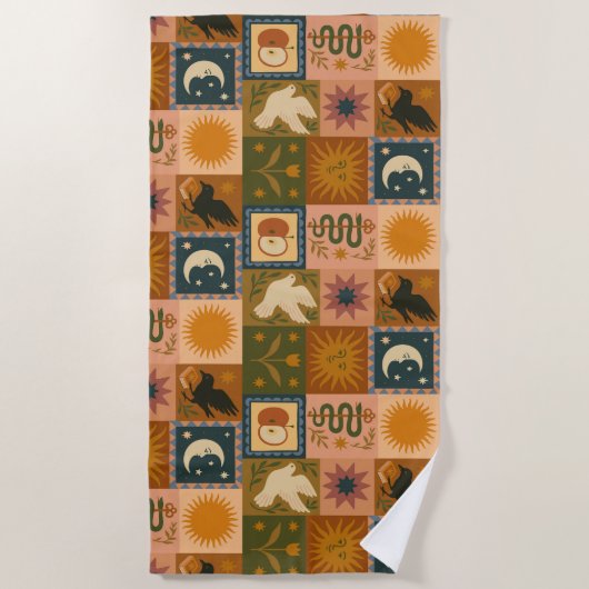 Boho Celestial | Retro Sun & Moon ビーチタオル (正面)