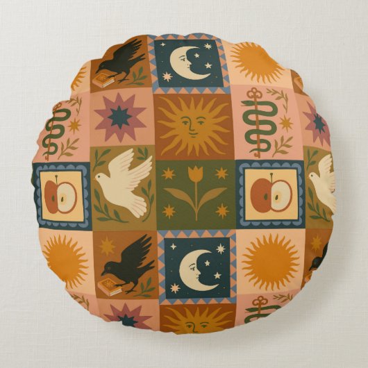 Boho Celestial | Retro Sun & Moon ラウンドクッション (正面)