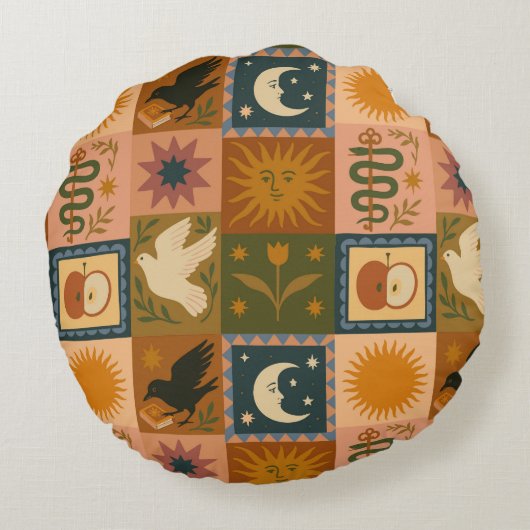 Boho Celestial | Retro Sun & Moon ラウンドクッション (裏面)