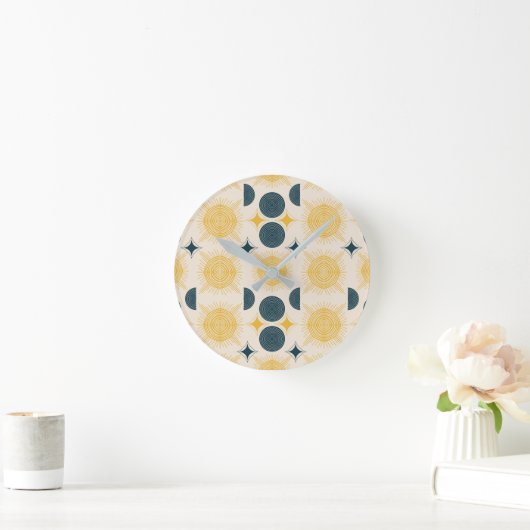 Boho Celestial Sun Moon Pattern ラウンド壁時計 (ホーム)