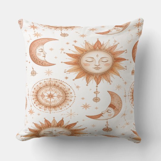 Boho Celestial Sun Moon Throw Pillow クッション (正面)