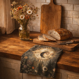 Boho Celestial Sun Moon Wildflower Garden キッチンタオル