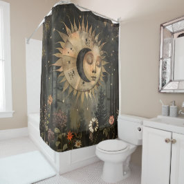 Boho Celestial Sun Moon Wildflower Garden シャワーカーテン