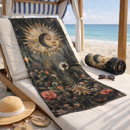 Boho Celestial Sun Moon Wildflower Garden ビーチタオル