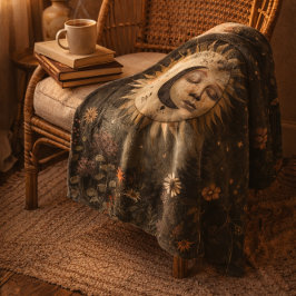 Boho Celestial Sun Moon Wildflower Garden フリースブランケット