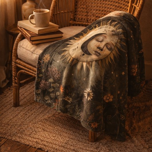 Boho Celestial Sun Moon Wildflower Garden フリースブランケット