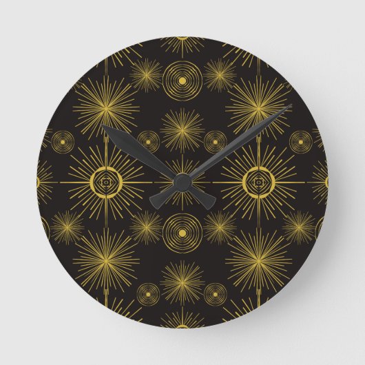 Boho Celestial Sun Stars Black Pattern  ラウンド壁時計 (正面)