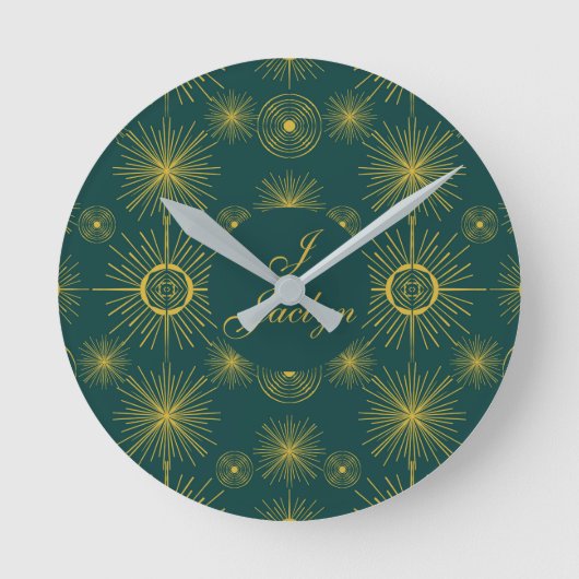 Boho Celestial Sun Stars Personalized Teal ラウンド壁時計 (正面)