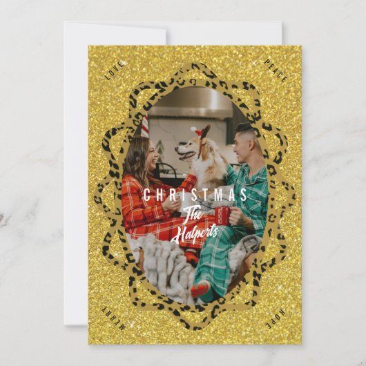 Boho Cheetahとグリッターオーバルフォトクリスマス シーズンカード (正面)