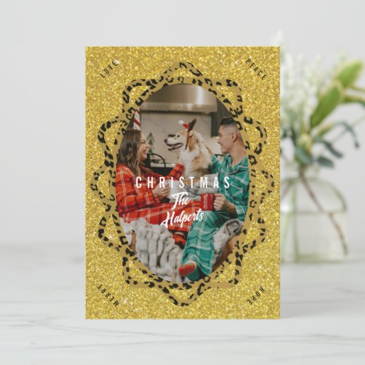 Boho Cheetahとグリッターオーバルフォトクリスマス シーズンカード (スタンド正面)