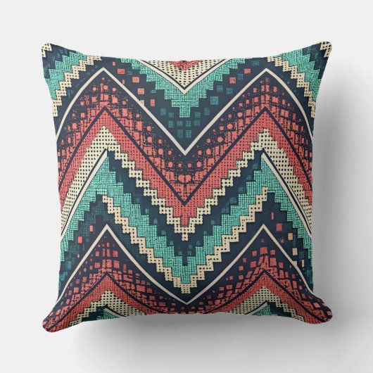 Boho Chevron Pattern | Teal, Coral & Cream Zigzag  クッション (裏面)