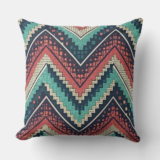 Boho Chevron Pattern | Teal, Coral & Cream Zigzag クッション (正面)