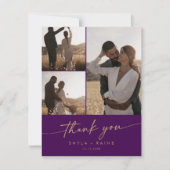 Boho Chic金ゴールドとパープル結婚のフォトコラージュ サンキューカード (正面)