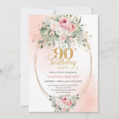 Boho Chic Blush Floral Greenery Gold 90th Birthday 招待状 (正面)