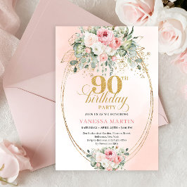 Boho Chic Blush Floral Greenery Gold 90th Birthday 招待状