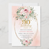 Boho Chic Blush Floral Greenery Gold 90th Birthday 招待状 (正面)