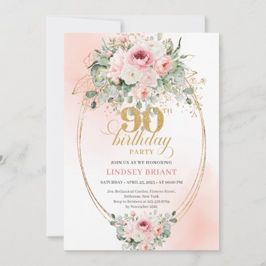 Boho Chic Blush Floral Greenery Gold 90th Birthday 招待状 (正面)