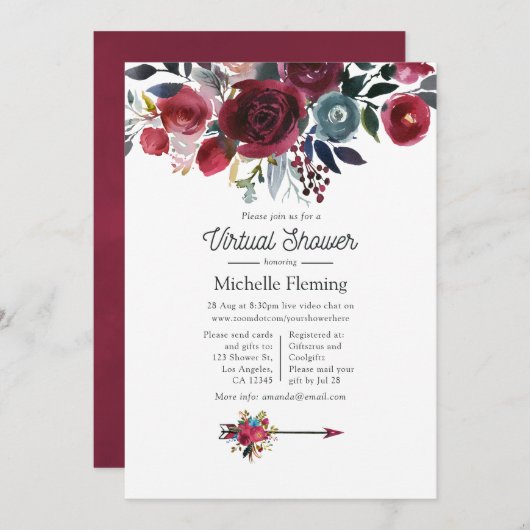 Boho Chic Burgundyとネイビーバーチャル赤ちゃんシャワー 招待状 (正面/裏面)